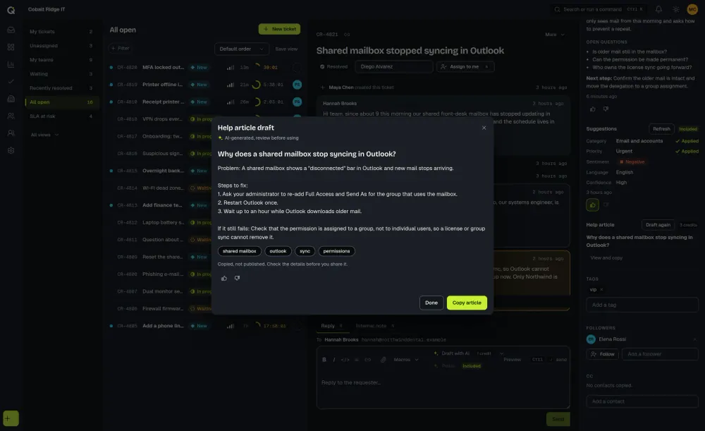 The ActiveQ help article draft dialog on a resolved ticket: an AI-generated title, the article text and keywords, a review before using label, a note that it was copied and not published, and a Copy article button. Sample data.