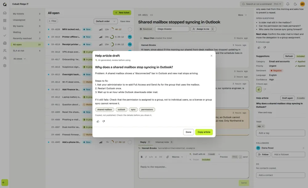 The ActiveQ help article draft dialog on a resolved ticket: an AI-generated title, the article text and keywords, a review before using label, a note that it was copied and not published, and a Copy article button. Sample data.
