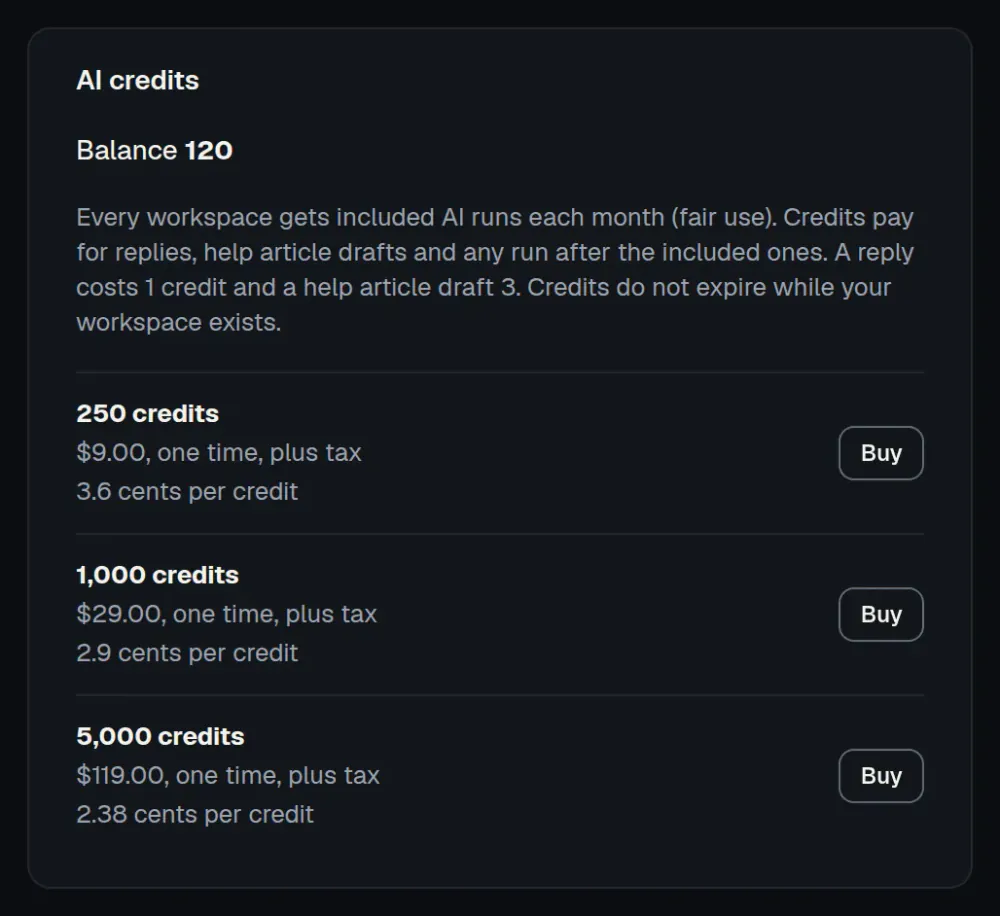 The AI credits card in ActiveQ billing: a balance of 120 credits and three one-time packs of 250, 1,000 and 5,000 credits, each with its price and a Buy button. Sample data.