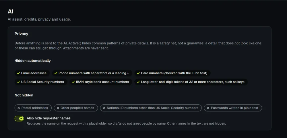 The ActiveQ AI privacy settings: the details that are hidden before text goes to the AI, the details that are not, and a switch to also hide requester names. Sample data.
