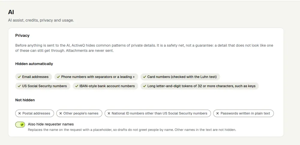 The ActiveQ AI privacy settings: the details that are hidden before text goes to the AI, the details that are not, and a switch to also hide requester names. Sample data.