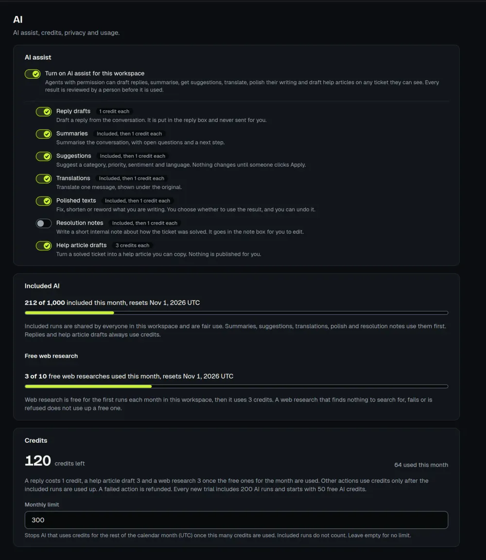 The ActiveQ AI settings: a switch for AI assist in the workspace and one for each AI action with its credit cost, with the included runs meter below. Sample data.