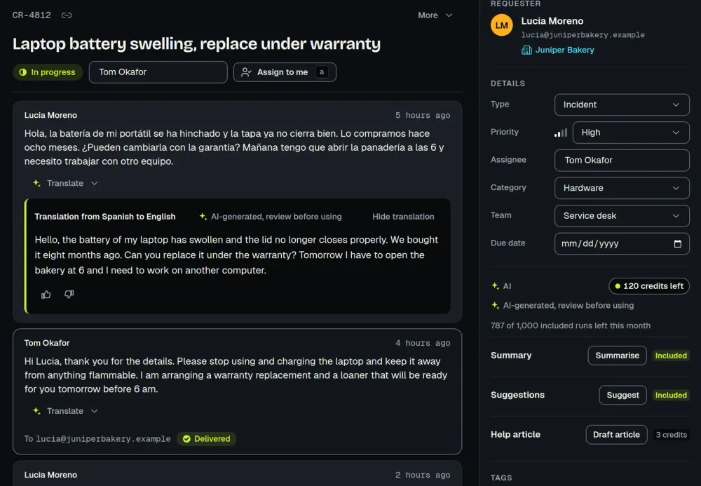 An ActiveQ ticket where the customer wrote in Spanish, with the AI translation into English shown under the original message and marked AI-generated, review before using. Sample data.