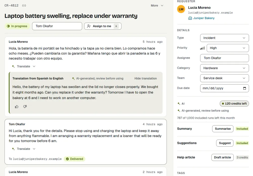 An ActiveQ ticket where the customer wrote in Spanish, with the AI translation into English shown under the original message and marked AI-generated, review before using. Sample data.