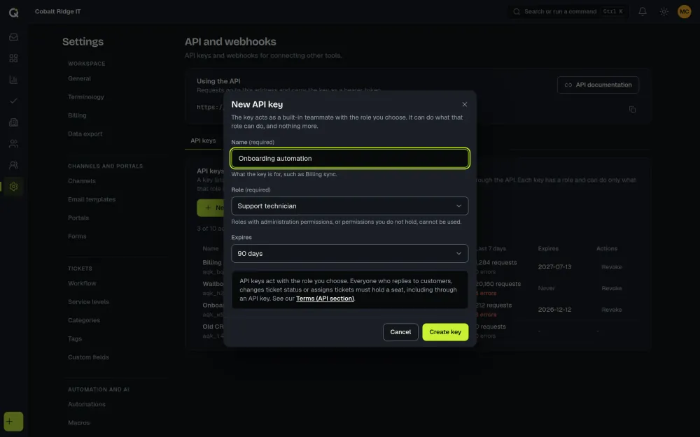 The ActiveQ New API key dialog: a name, a role, an expiry of 90 days chosen from a list, and a note about seats, over the list of API keys. Sample data.