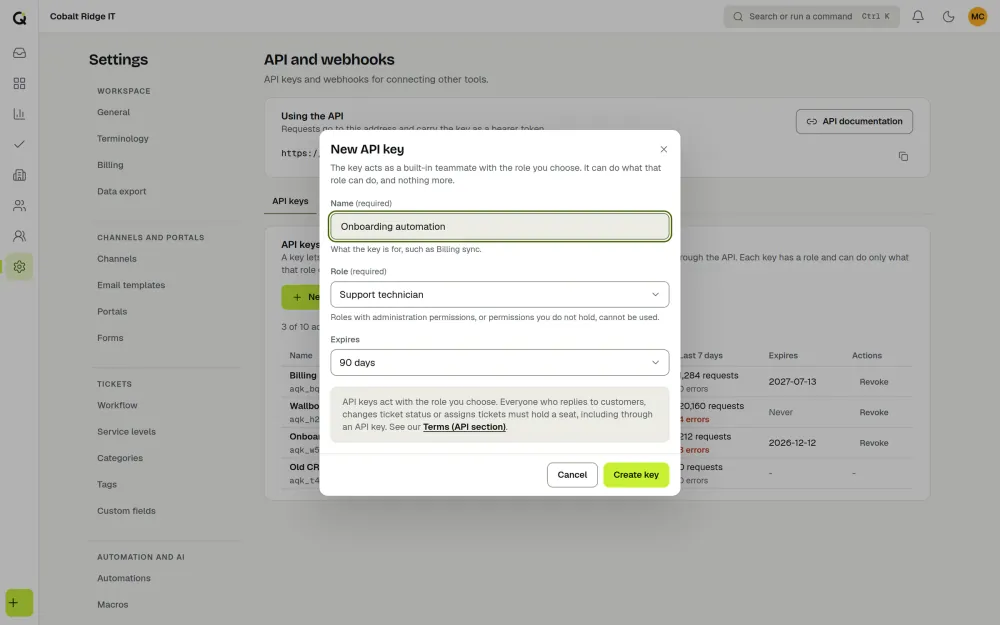 The ActiveQ New API key dialog: a name, a role, an expiry of 90 days chosen from a list, and a note about seats, over the list of API keys. Sample data.