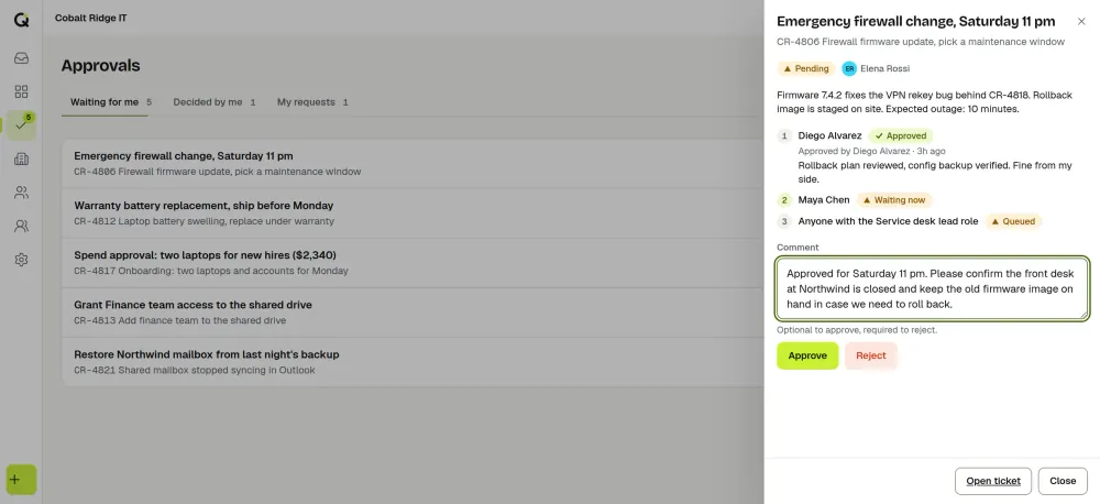 The ActiveQ approvals inbox with five requests waiting for the person, and one open in a side panel with a three step approval chain, a typed comment, and Approve and Reject buttons. Sample data.