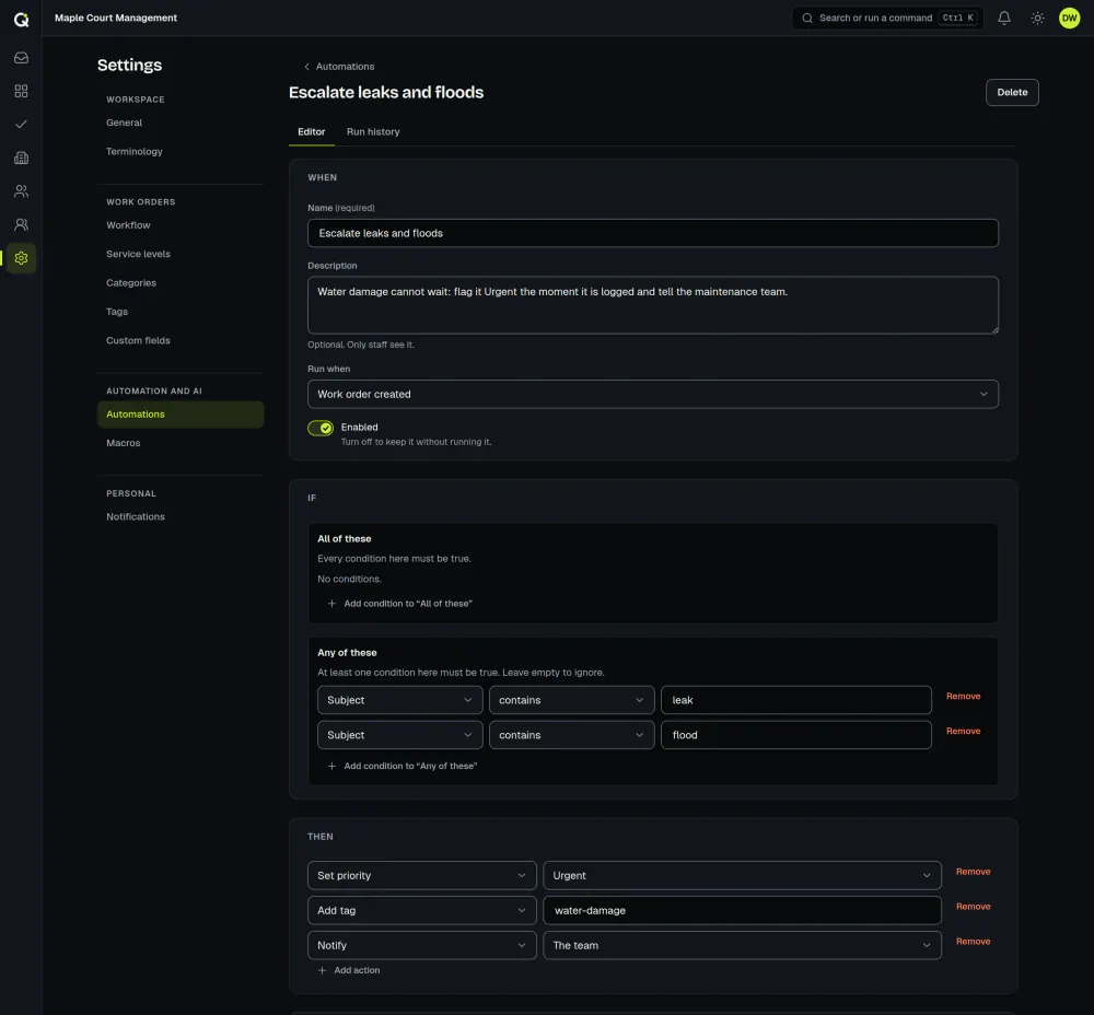 The ActiveQ automation editor for a property manager: when a work order is created and its subject contains leak or flood, set the priority to Urgent, add the tag water-damage and notify the team. Sample data.