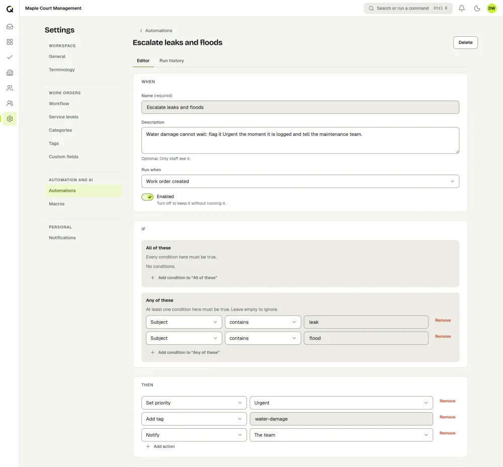 The ActiveQ automation editor for a property manager: when a work order is created and its subject contains leak or flood, set the priority to Urgent, add the tag water-damage and notify the team. Sample data.
