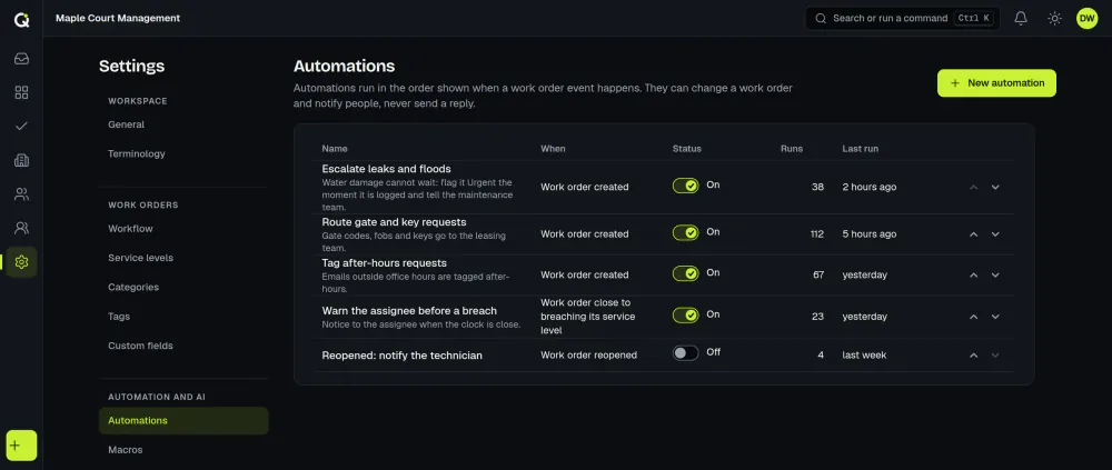 The ActiveQ automations list for a property manager: five rules with their trigger, an on or off switch, how often they ran and when they last ran. Sample data.