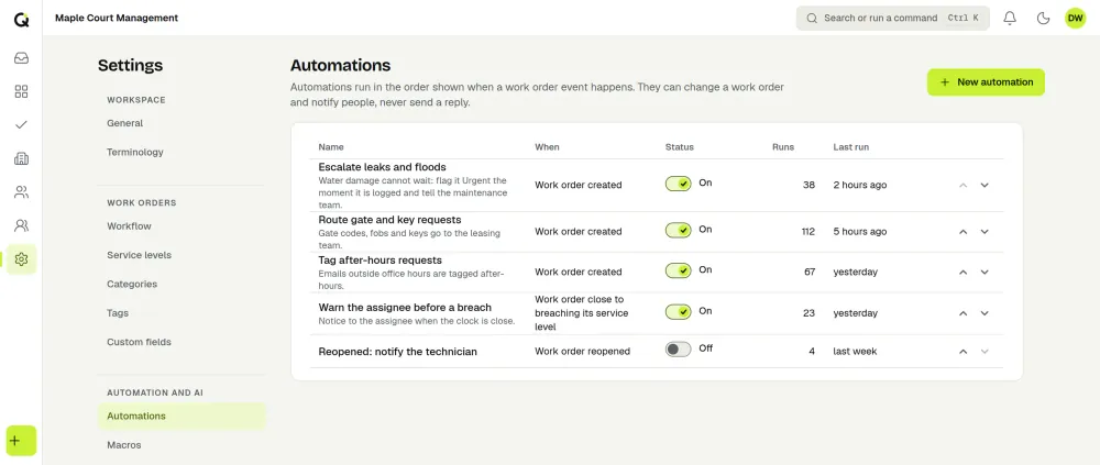 The ActiveQ automations list for a property manager: five rules with their trigger, an on or off switch, how often they ran and when they last ran. Sample data.