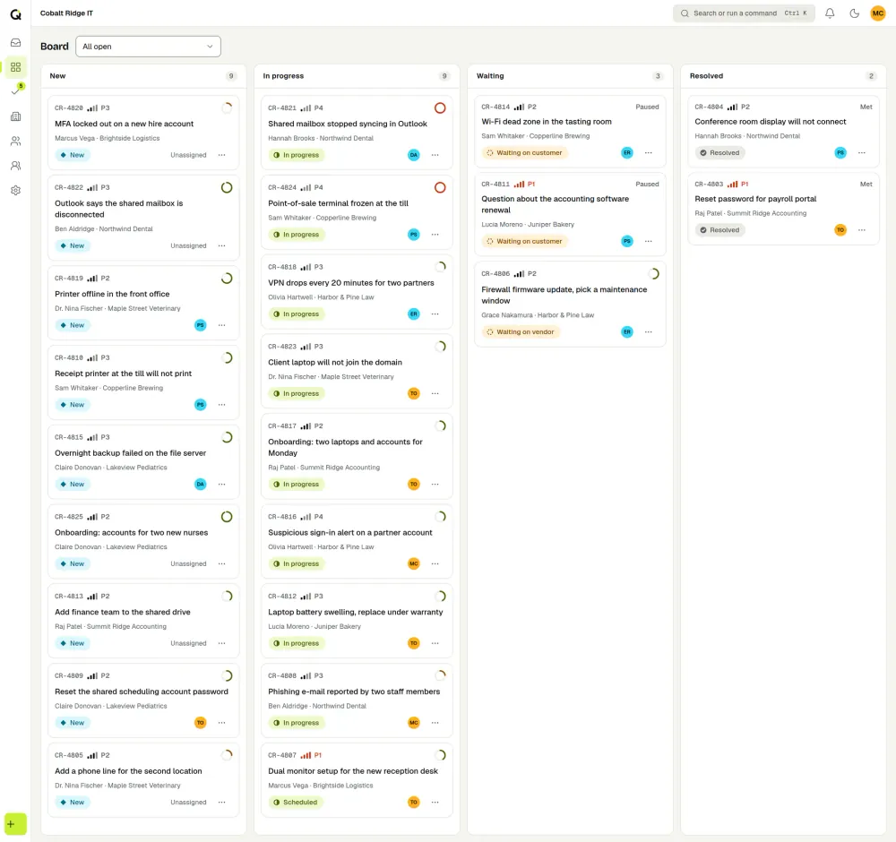 The ActiveQ board: tickets as cards in four columns, New, In progress, Waiting and Resolved, each card with its priority, SLA ring, client and assignee. Sample data.