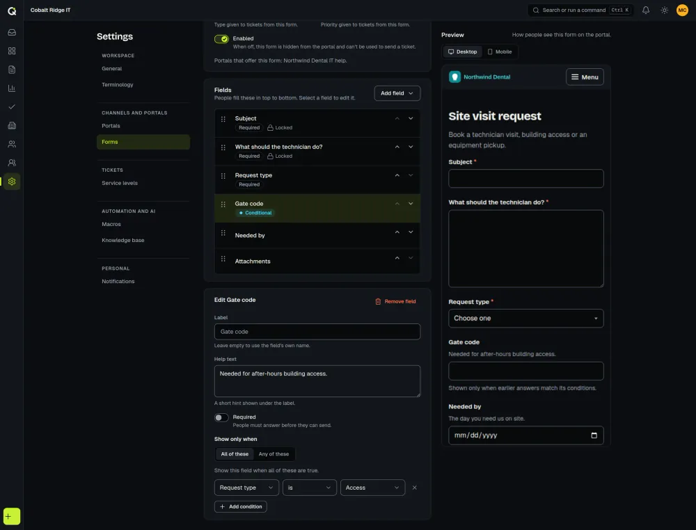 The ActiveQ form builder editing a Site visit request: the field list with a conditional Gate code field, its rule that shows it only when Request type is Access, and a preview of the form. Sample data.