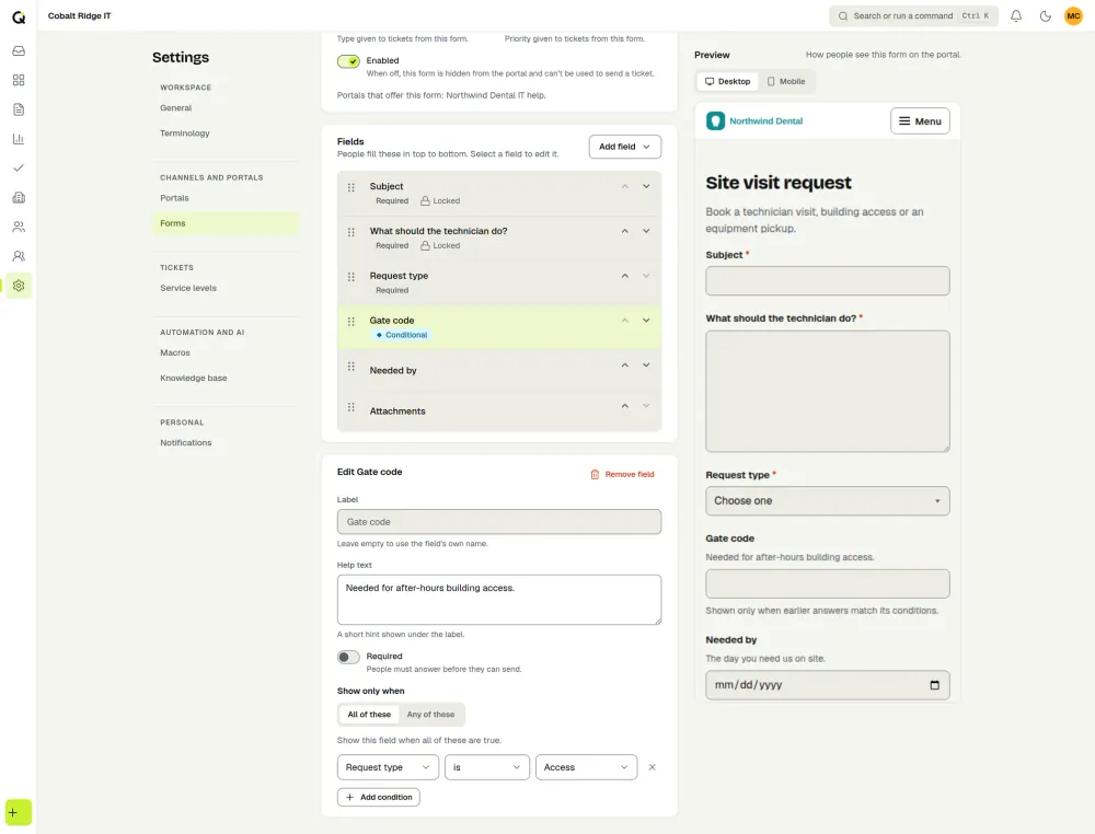 The ActiveQ form builder editing a Site visit request: the field list with a conditional Gate code field, its rule that shows it only when Request type is Access, and a preview of the form. Sample data.