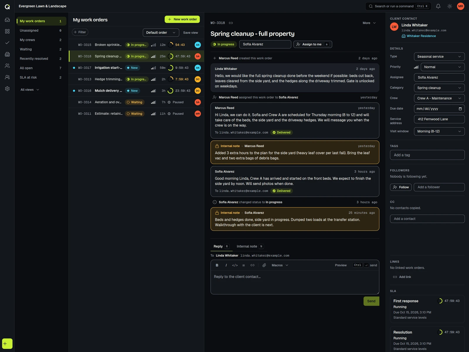 A spring cleanup work order in ActiveQ with crew assignment, visit window, service address and notes.