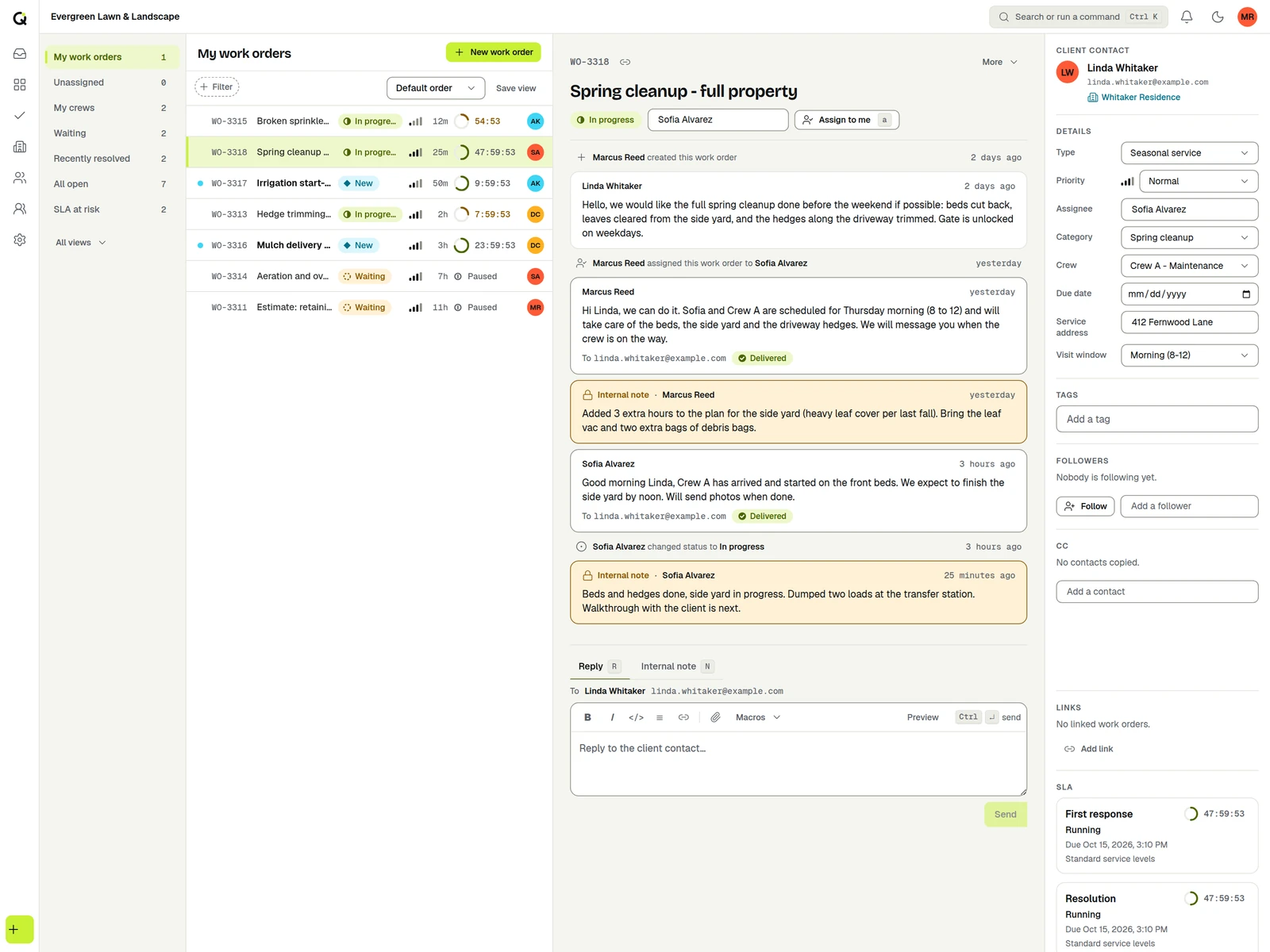 A spring cleanup work order in ActiveQ with crew assignment, visit window, service address and notes.