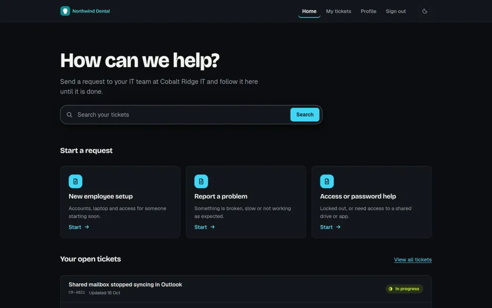 A client portal in the colors of a fictional client, Northwind Dental: a search box, request types to start from and the first of its open tickets with their status. Sample data.