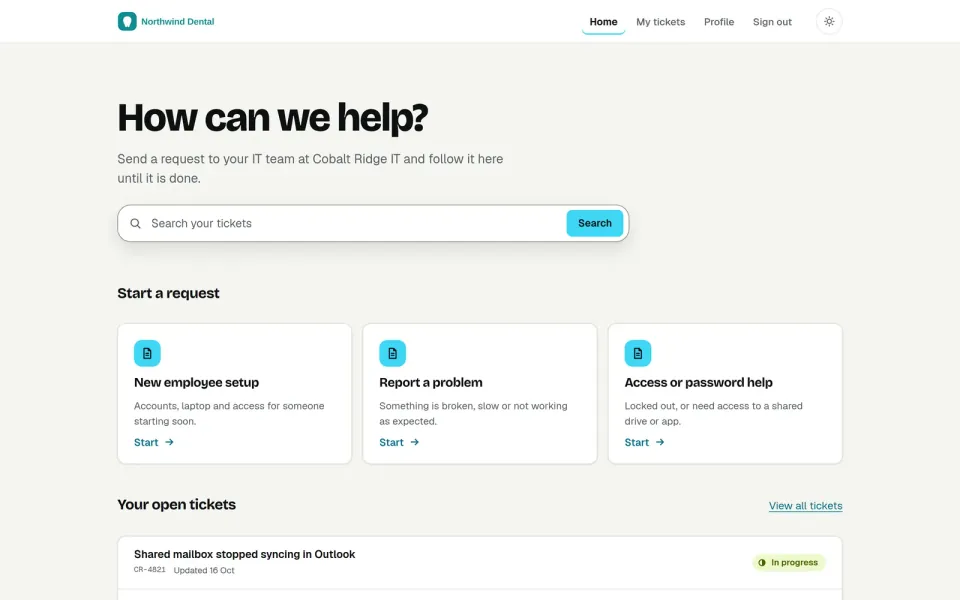 A client portal in the colors of a fictional client, Northwind Dental: a search box, request types to start from and the first of its open tickets with their status. Sample data.