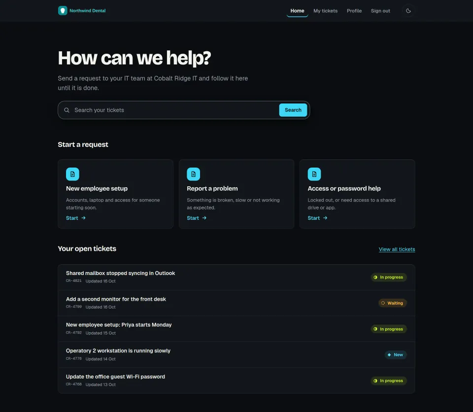 A client portal in the colors of a fictional client, Northwind Dental: a search box, request types to start from, and its open tickets with a status on each. Sample data.