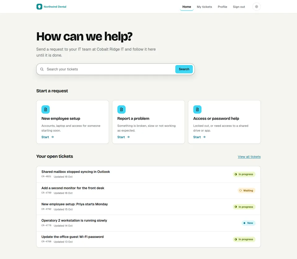 A client portal in the colors of a fictional client, Northwind Dental: a search box, request types to start from, and its open tickets with a status on each. Sample data.