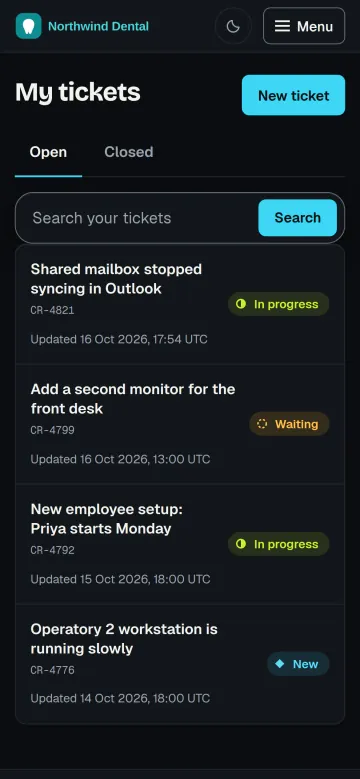 The same client portal on a phone: My tickets, with the open requests of a fictional client and a status on each. Sample data.
