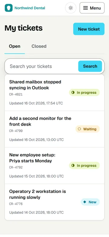 The same client portal on a phone: My tickets, with the open requests of a fictional client and a status on each. Sample data.