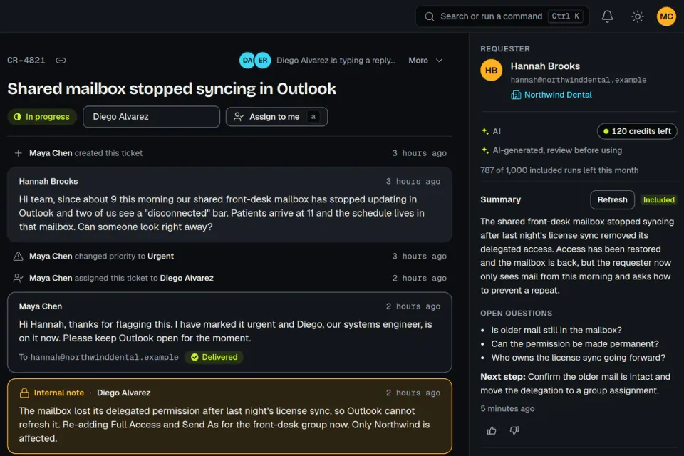 One ticket in ActiveQ: its subject, status and assignee, a note that a colleague is typing a reply, the conversation with an internal note, and an AI summary marked AI-generated, review before using. Sample data.