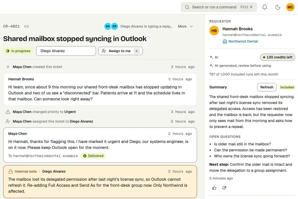One ticket in ActiveQ: its subject, status and assignee, a note that a colleague is typing a reply, the conversation with an internal note, and an AI summary marked AI-generated, review before using. Sample data.