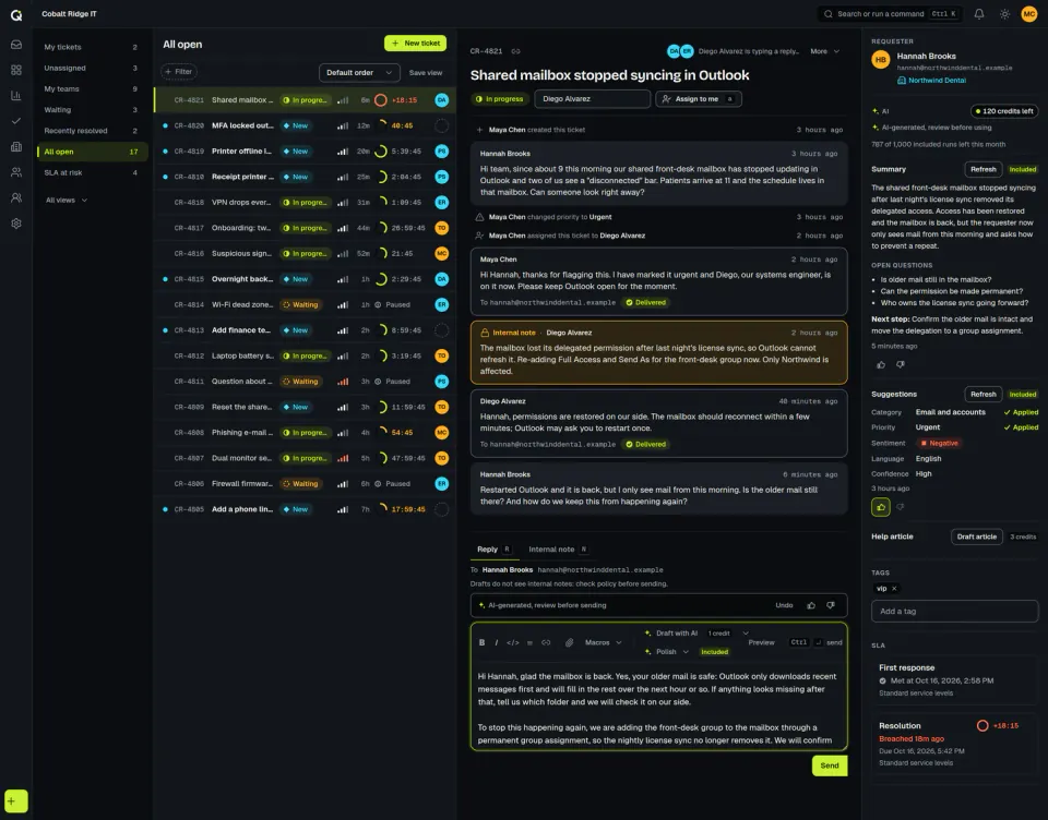 The ActiveQ ticket workspace in three panes: the queue list, one ticket with its conversation and reply box, and a side panel with the requester, an AI summary, suggestions and SLA clocks. Sample data.