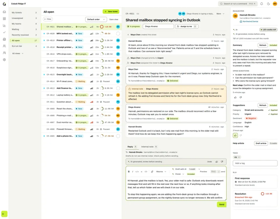 The ActiveQ ticket workspace in three panes: the queue list, one ticket with its conversation and reply box, and a side panel with the requester, an AI summary, suggestions and SLA clocks. Sample data.