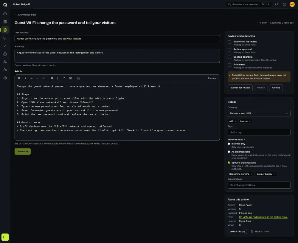 The ActiveQ knowledge base editor: a title, a summary and the article in Markdown with a toolbar and a Preview button, a review checklist, tags, and an audience set to two chosen organizations. Sample data.