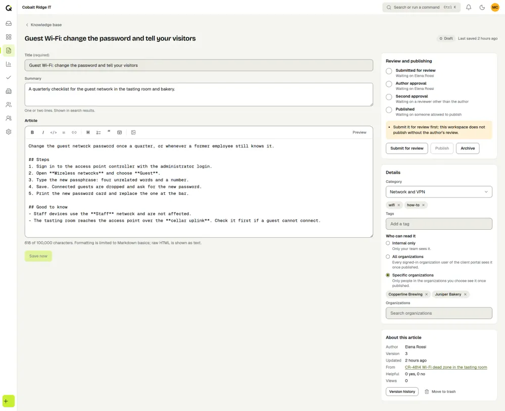 The ActiveQ knowledge base editor: a title, a summary and the article in Markdown with a toolbar and a Preview button, a review checklist, tags, and an audience set to two chosen organizations. Sample data.