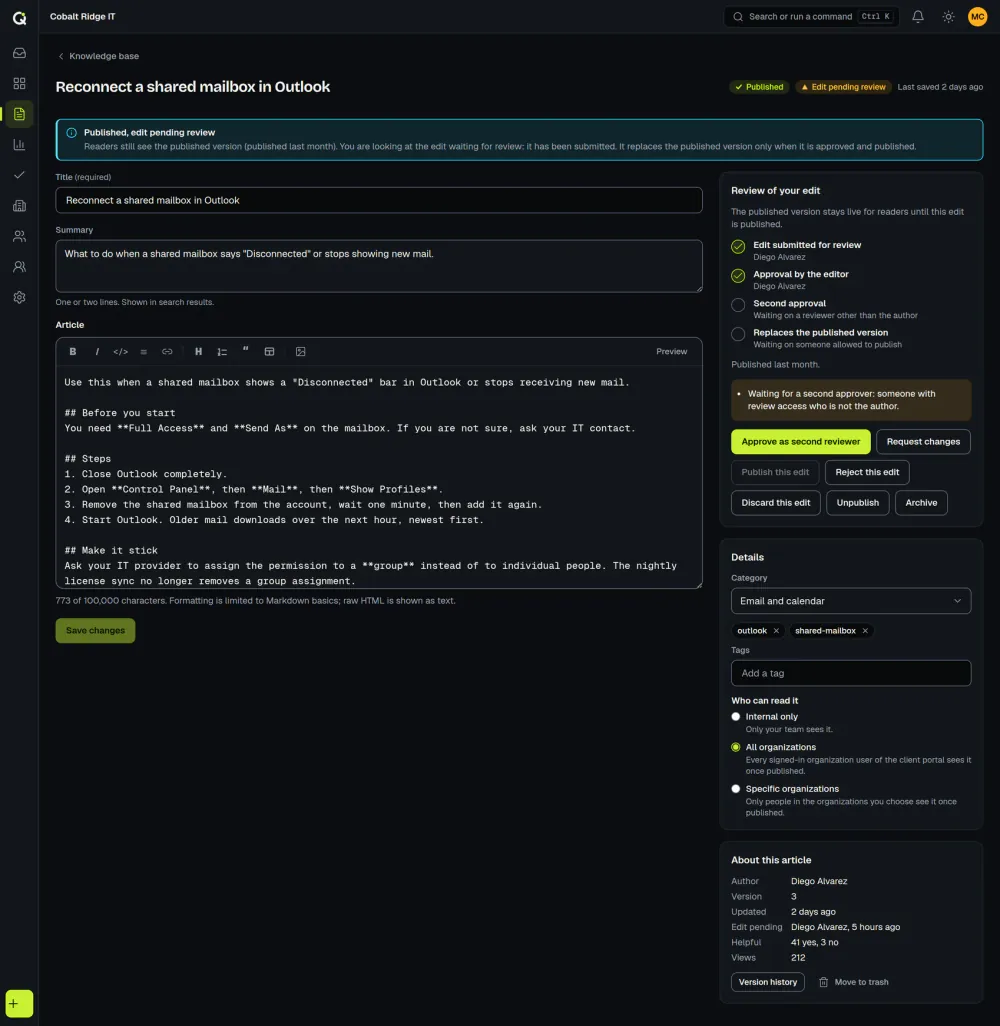 A published ActiveQ knowledge base article with an edit waiting for review: a checklist where the editor has approved and a second approval is still needed, with buttons to approve, request changes or reject. Sample data.
