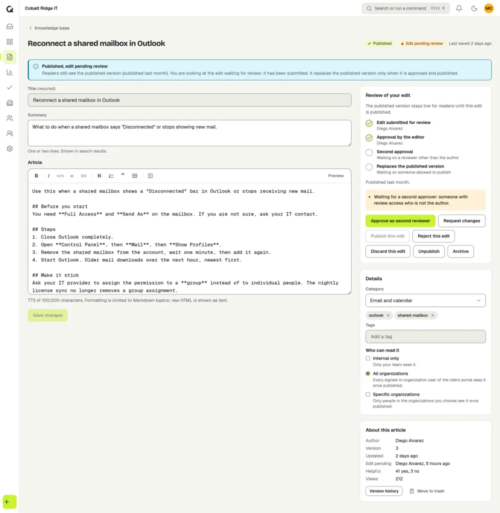 A published ActiveQ knowledge base article with an edit waiting for review: a checklist where the editor has approved and a second approval is still needed, with buttons to approve, request changes or reject. Sample data.