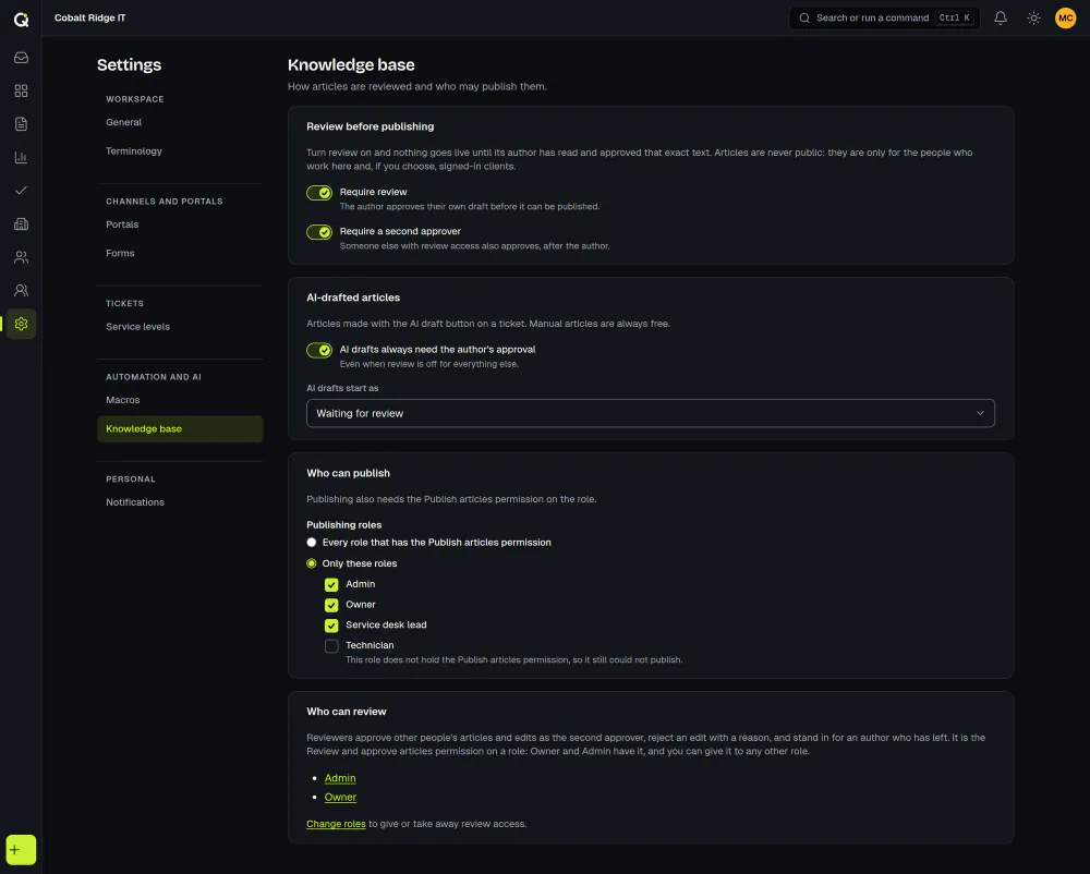 The ActiveQ knowledge base settings: require review and a second approver, AI drafts that always need approval, publishing limited to chosen roles, and the roles that can review. Sample data.