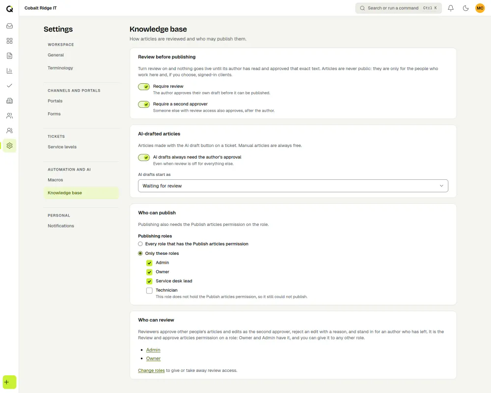 The ActiveQ knowledge base settings: require review and a second approver, AI drafts that always need approval, publishing limited to chosen roles, and the roles that can review. Sample data.