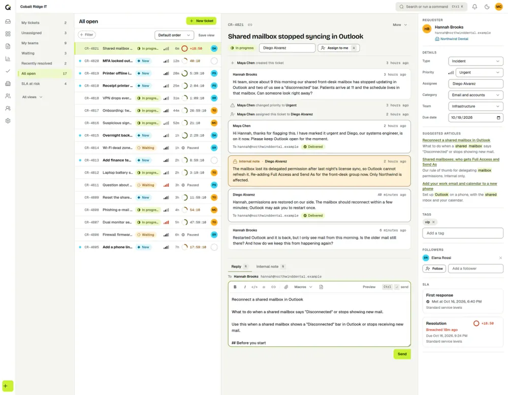 An ActiveQ ticket with three suggested knowledge base articles beside it, and a reply that already holds text inserted from the first one. Sample data.