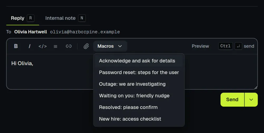 The reply box in ActiveQ with the Macros menu open, listing six saved replies by name above the reply being written. Sample data.