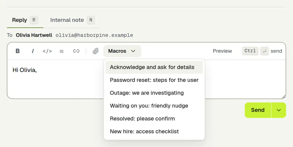 The reply box in ActiveQ with the Macros menu open, listing six saved replies by name above the reply being written. Sample data.