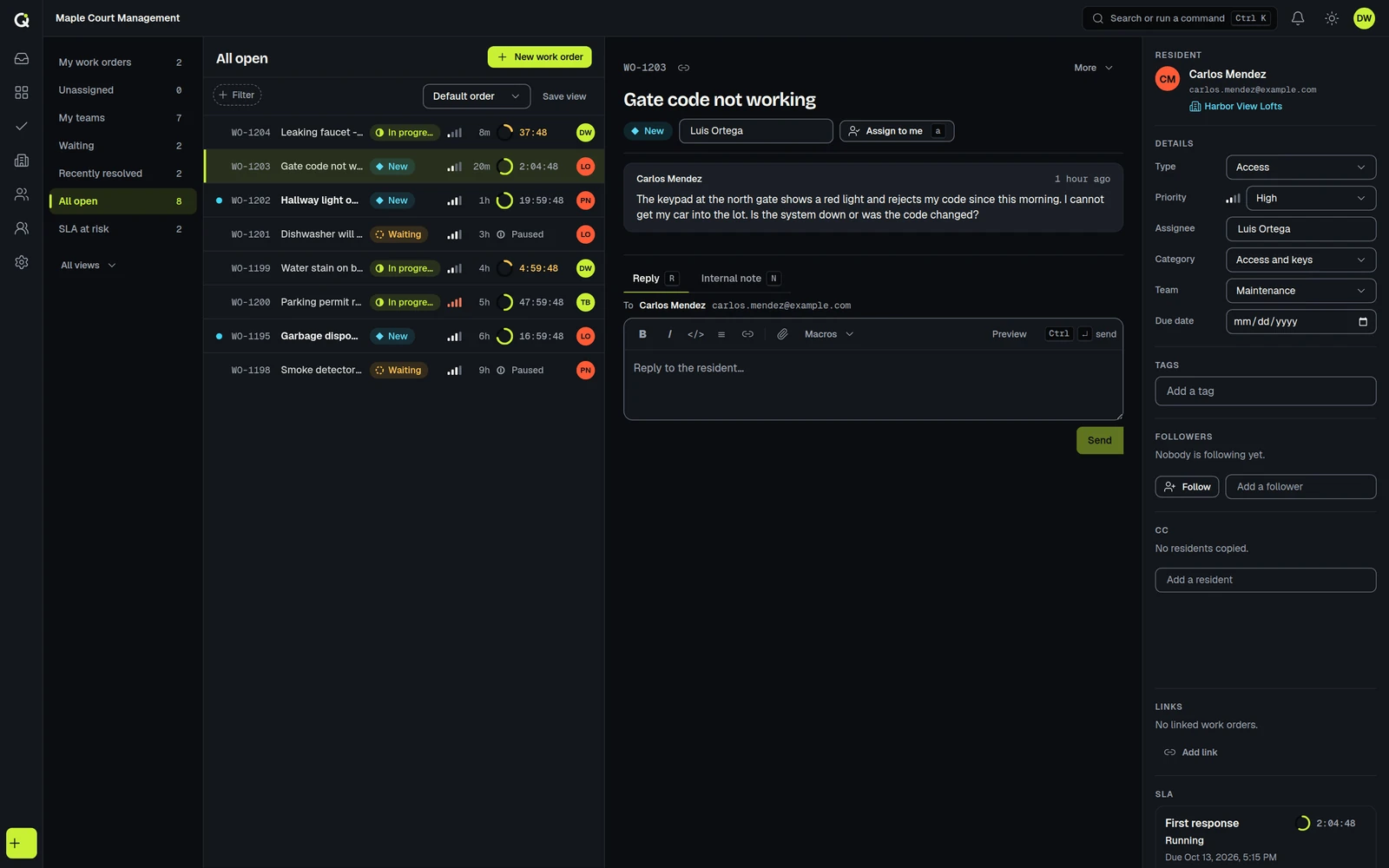 ActiveQ work order queue for a property manager: work orders across properties with status, priority and SLA countdown rings.