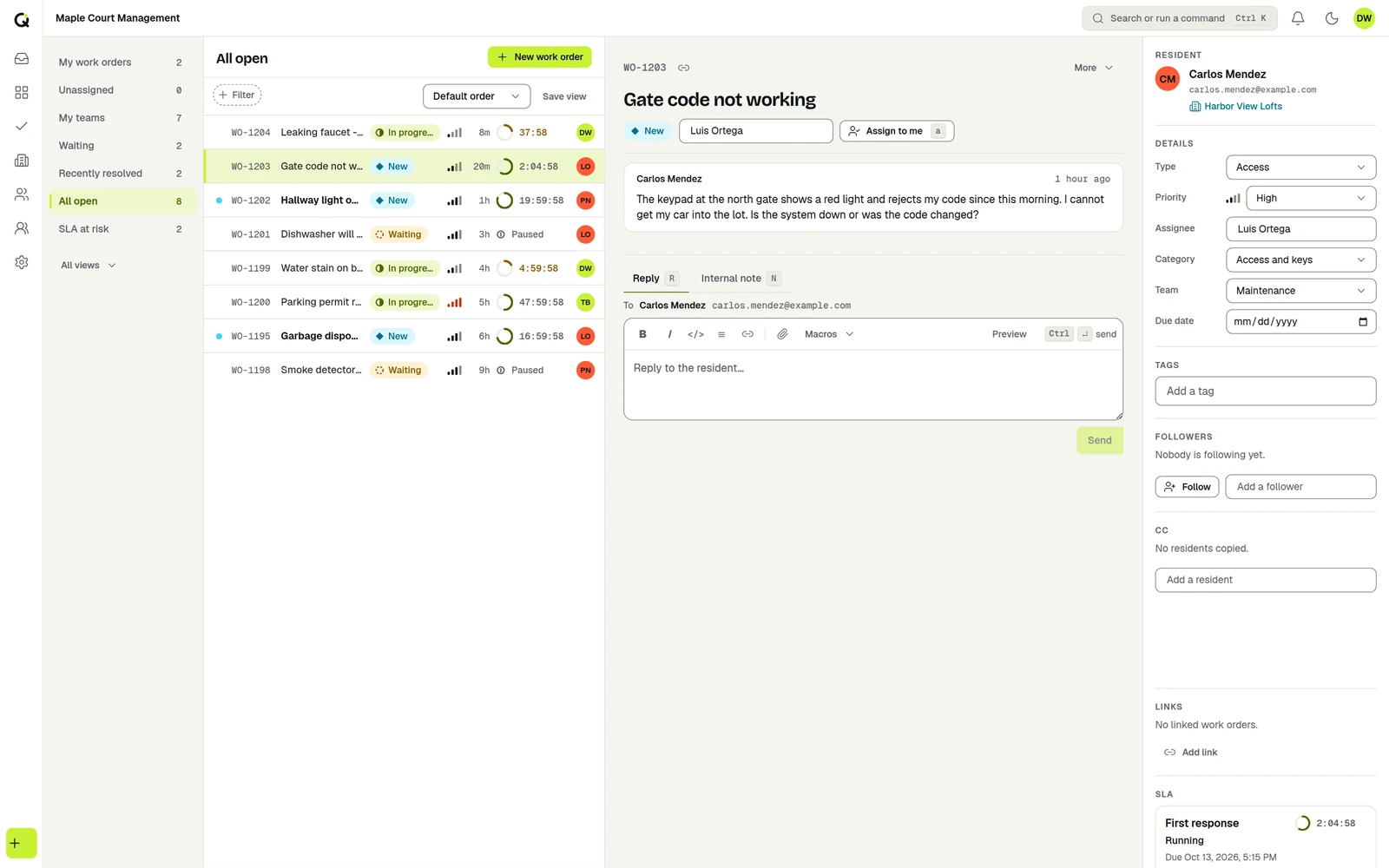 ActiveQ work order queue for a property manager: work orders across properties with status, priority and SLA countdown rings.