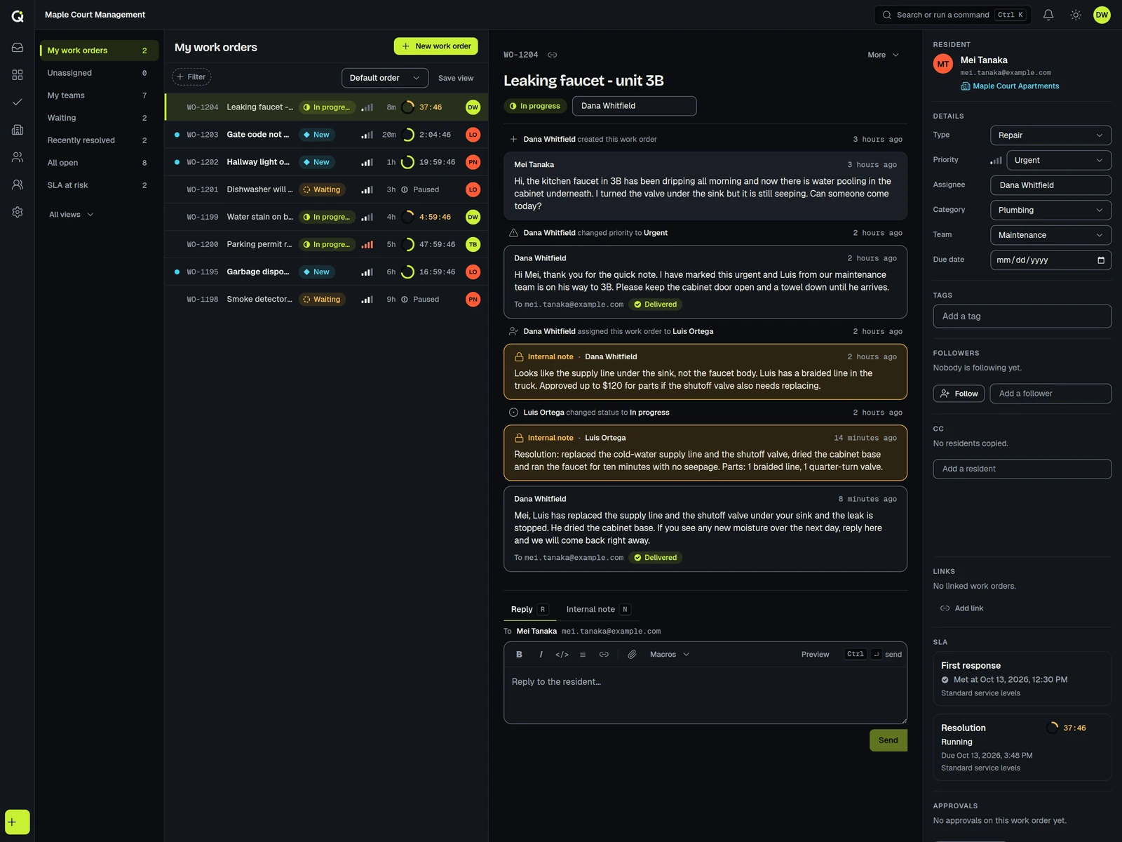 A leaking-faucet work order in ActiveQ: resident message, technician assignment, internal note, resolution note and reply.