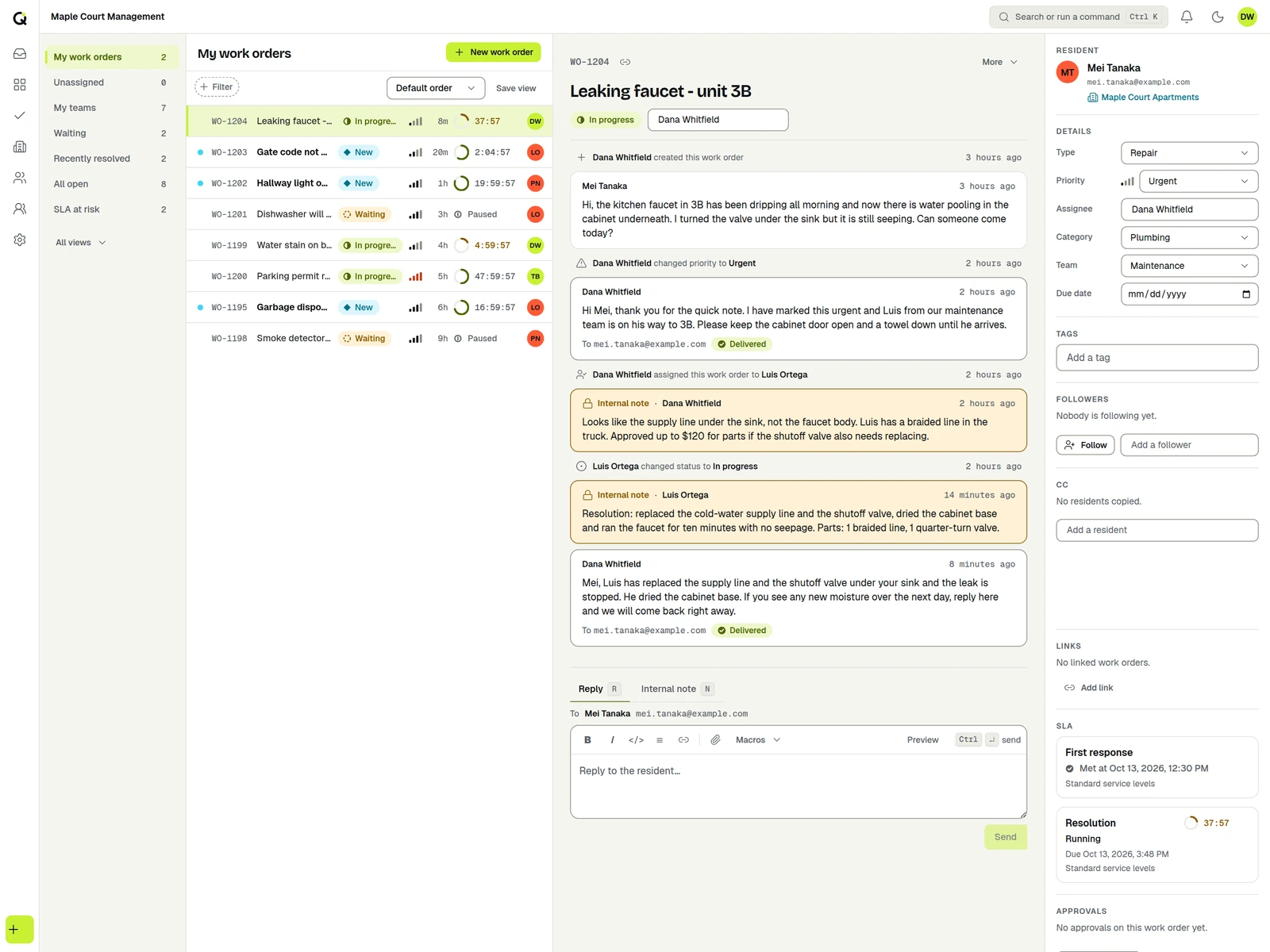 A leaking-faucet work order in ActiveQ: resident message, technician assignment, internal note, resolution note and reply.