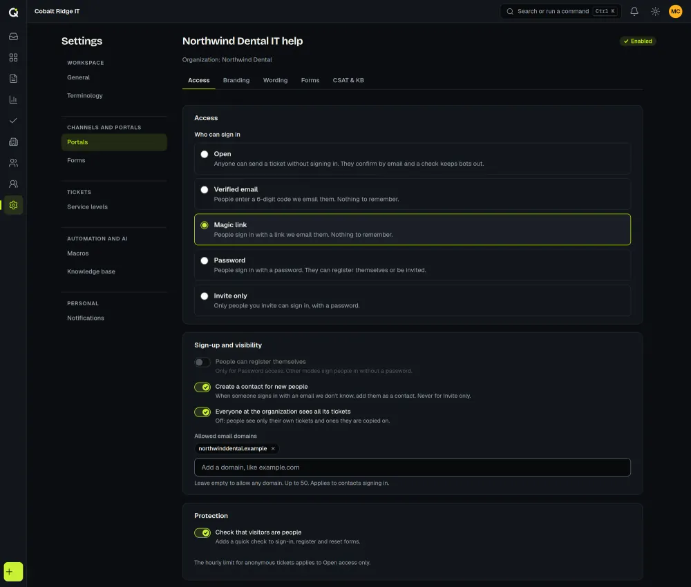The access settings of a client portal in ActiveQ: five sign-in modes, Open, Verified email, Magic link, Password and Invite only, with Magic link chosen, and the sign-up, allowed domain and visitor check options below. Sample data.