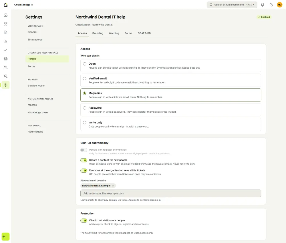 The access settings of a client portal in ActiveQ: five sign-in modes, Open, Verified email, Magic link, Password and Invite only, with Magic link chosen, and the sign-up, allowed domain and visitor check options below. Sample data.