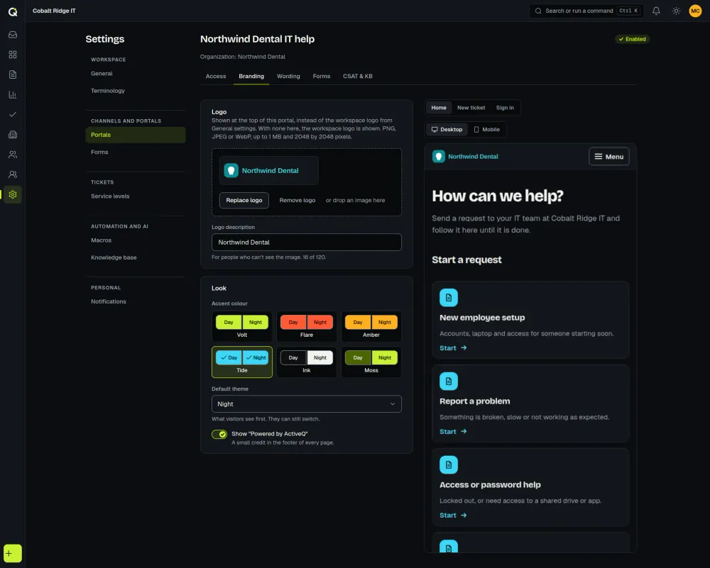 The branding settings of a client portal in ActiveQ: an uploaded logo, six accent colors with Tide chosen, a default theme and the Powered by ActiveQ switch, beside a live preview of the portal home page. Sample data.
