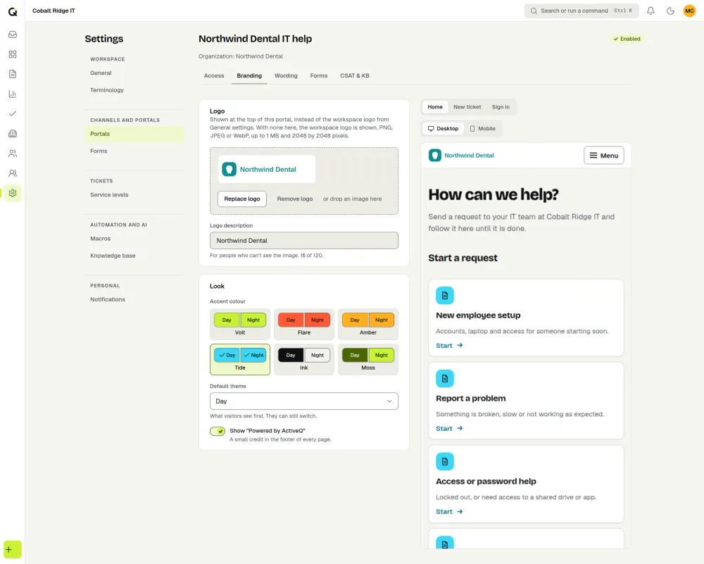 The branding settings of a client portal in ActiveQ: an uploaded logo, six accent colors with Tide chosen, a default theme and the Powered by ActiveQ switch, beside a live preview of the portal home page. Sample data.