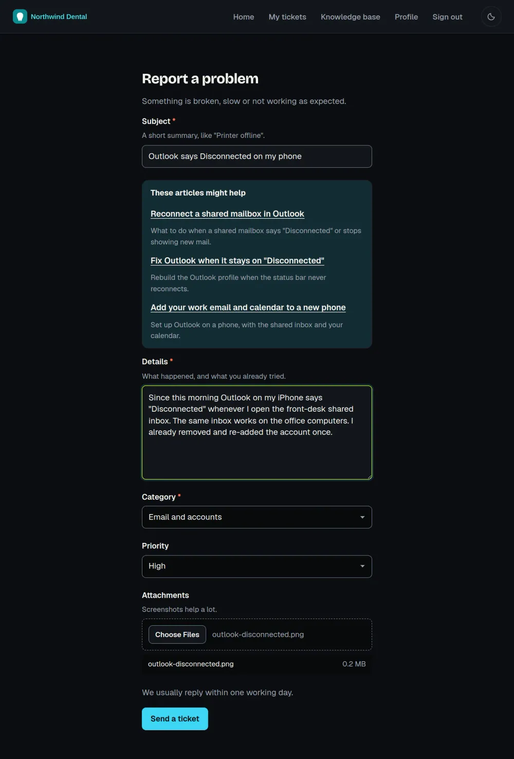 A client portal request form filled in: a subject, three suggested help articles that appeared under it, details, a category, a priority and an attached screenshot. Sample data.