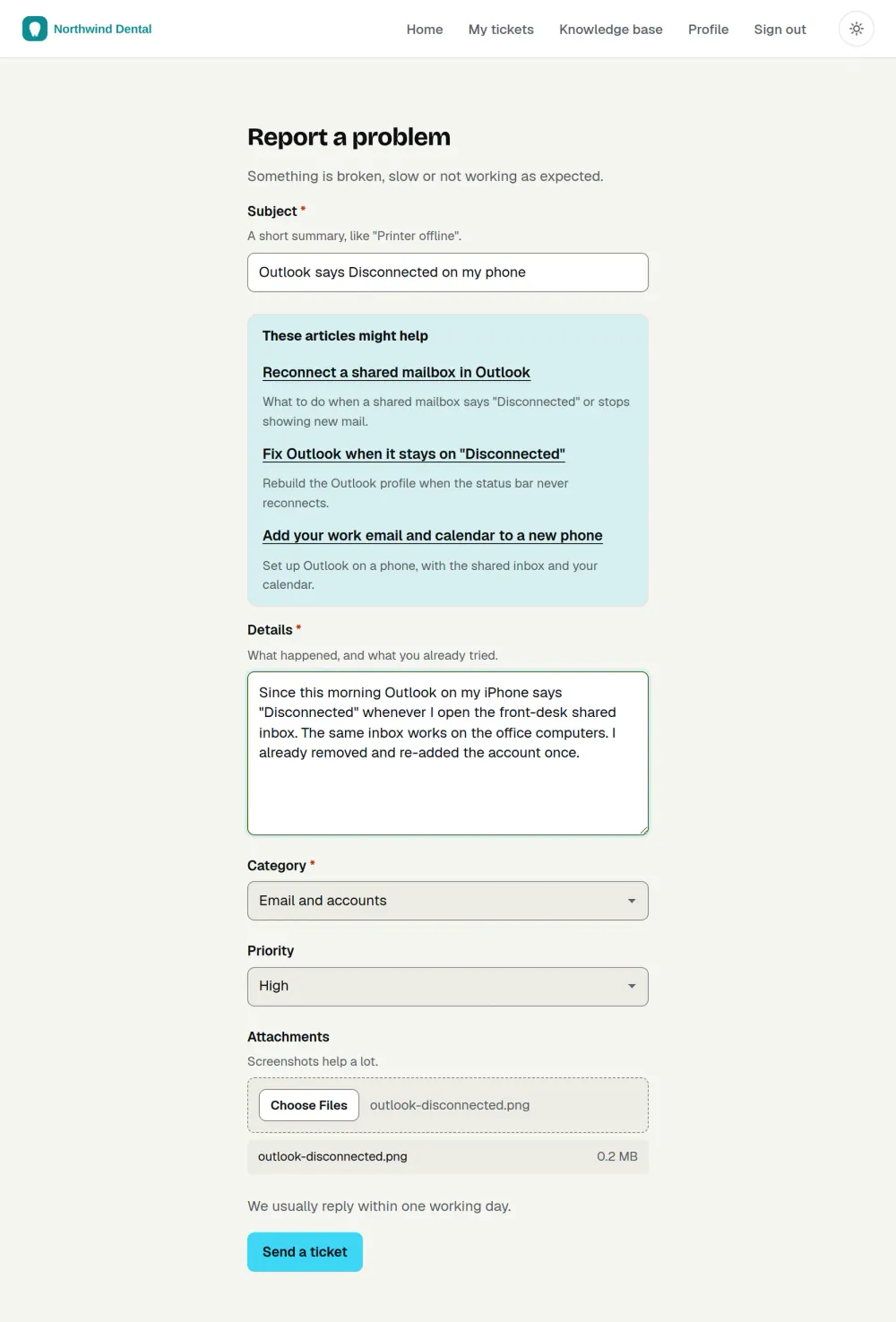 A client portal request form filled in: a subject, three suggested help articles that appeared under it, details, a category, a priority and an attached screenshot. Sample data.