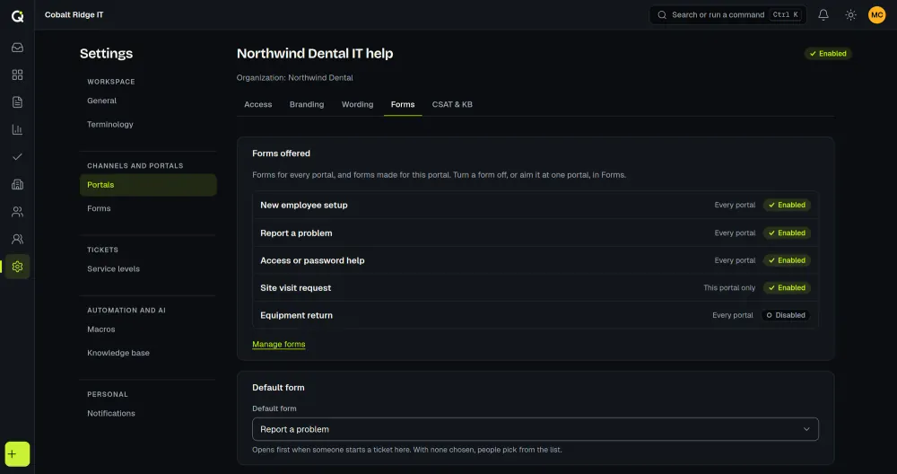 The Forms tab of a client portal in ActiveQ: five request forms with labels for every portal or this portal only, and enabled or disabled badges, and a default form chosen below. Sample data.